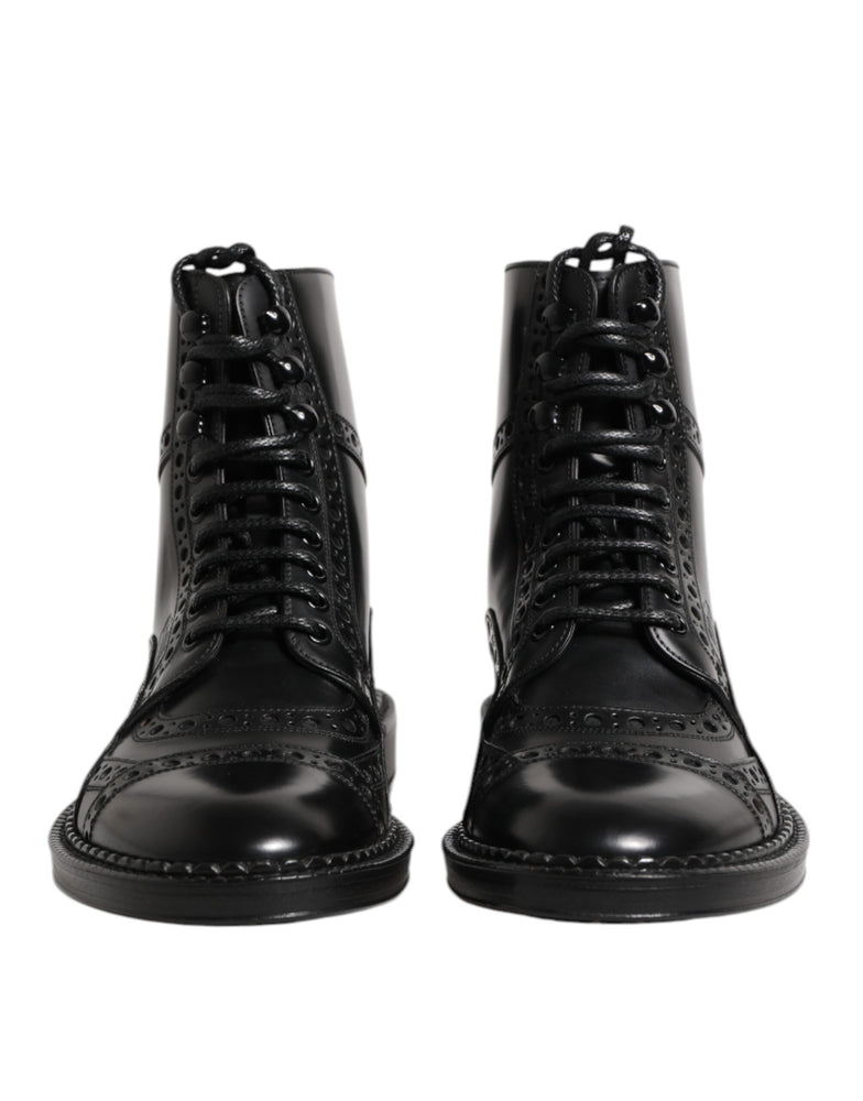 Dolce & Gabbana Black Leather Lace Up Mid Calf Boots Shoes
