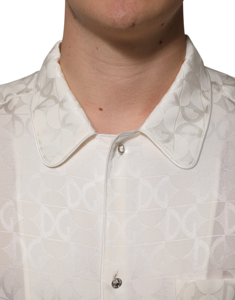 Dolce & Gabbana White Silk DG Logo Print Long Sleeves Shirt