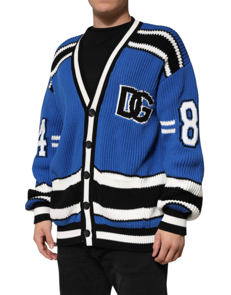 Dolce & Gabbana Blue Cotton Logo Patch Ribbed Knit Cardigan Sweater
