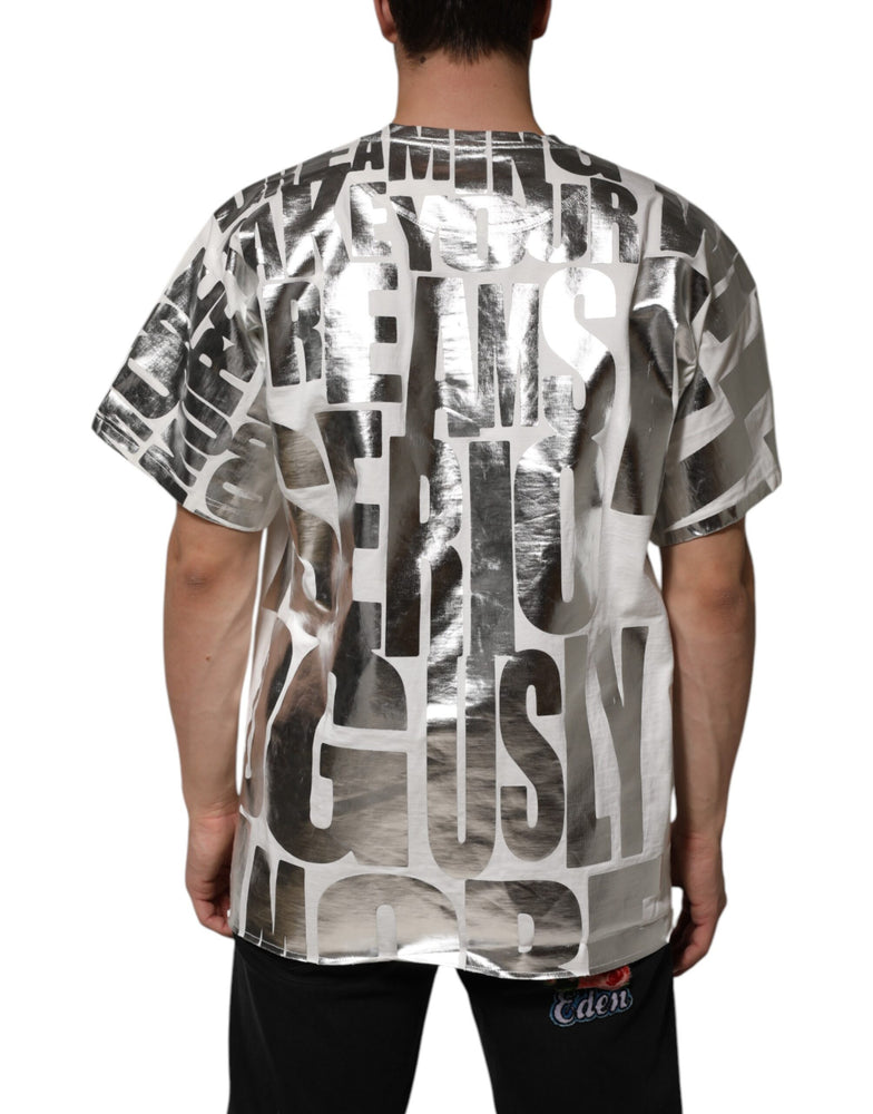 Dolce & Gabbana White Cotton Silver Metallic Slogan Print T-shirt