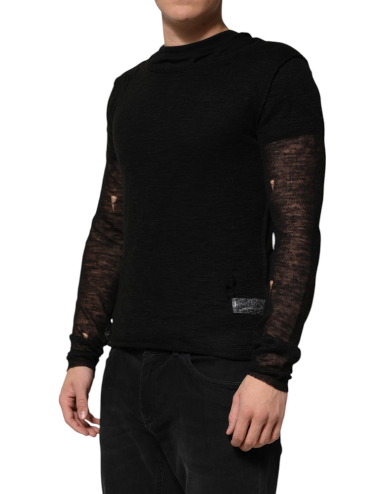 Dolce & Gabbana Black Linen Mesh Tattered Longsleeves T-shirt