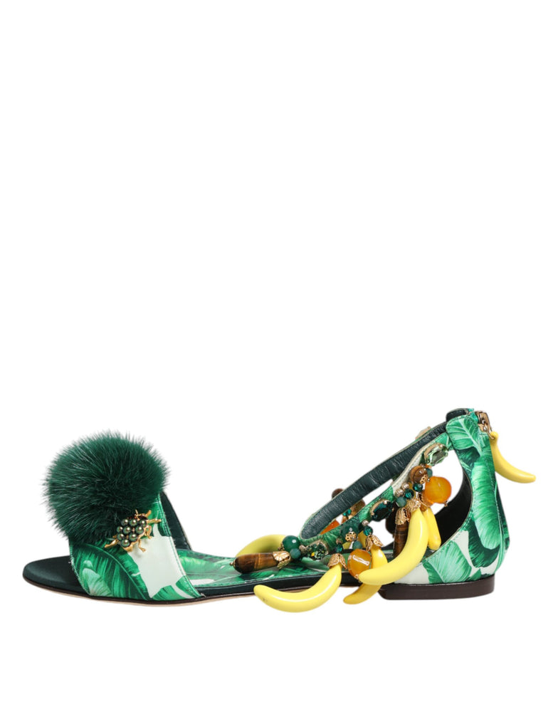 Dolce & Gabbana Green Mink Fur Satin Banana Leaf Sandals Shoes
