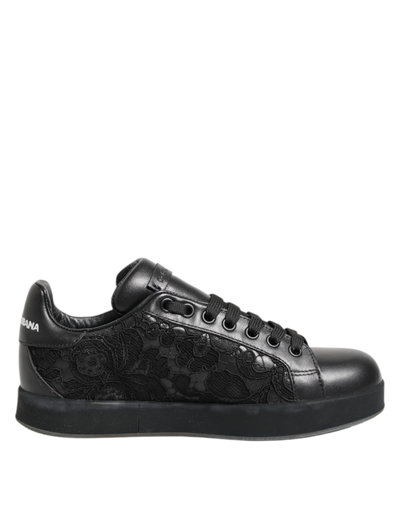 Dolce & Gabbana Black Floral Lace Low Top Sneakers Shoes