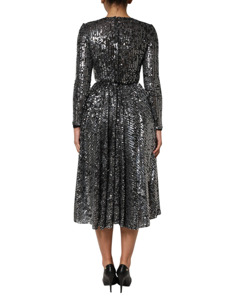 Dolce & Gabbana Black Sequined Long Sleeves Midi A-line  Dress