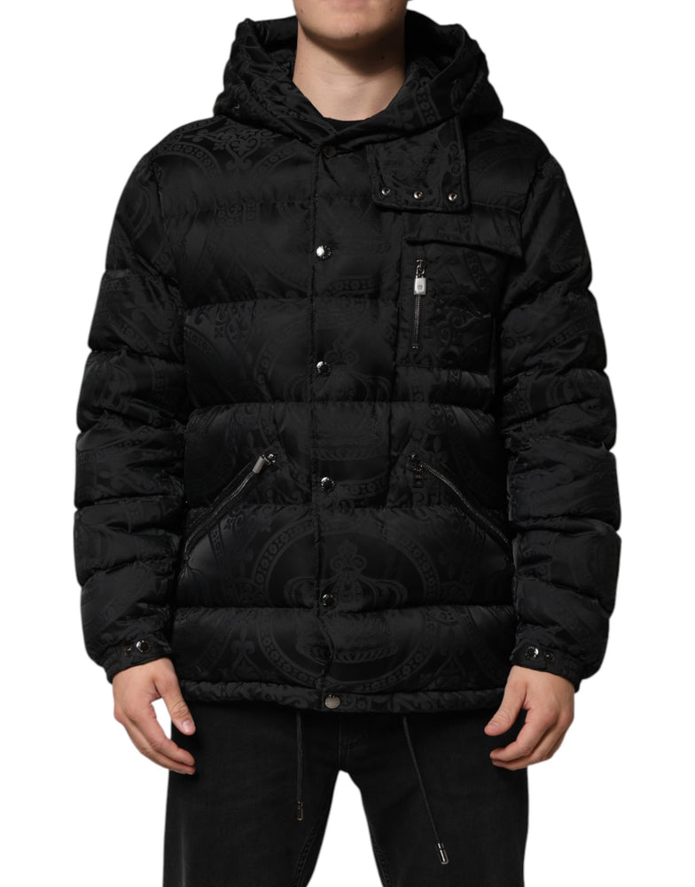 Dolce & Gabbana Black Jacquard Quilted Puffer Hooded Jacket