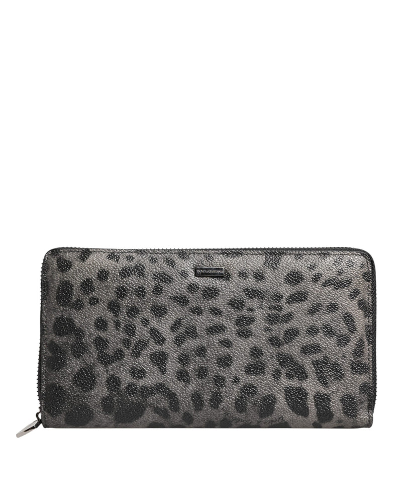 Dolce & Gabbana Black Gray Leopard Leather Zip Around Continental Wallet