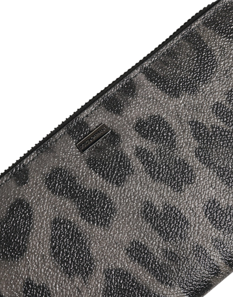 Dolce & Gabbana Black Gray Leopard Leather Zip Around Continental Wallet