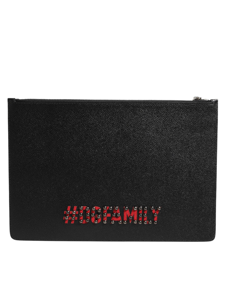Dolce & Gabbana Black Leather #DGFAMILY Embellished Men Clutch Pouch Bag