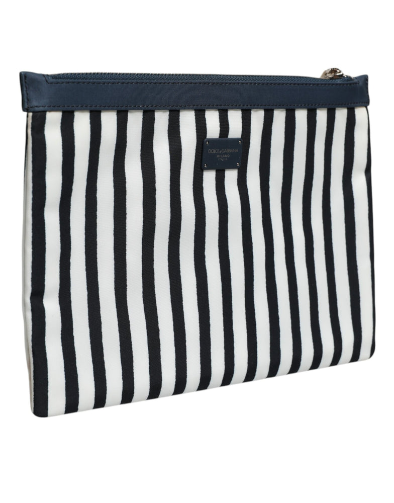 Dolce & Gabbana Black White Striped Logo Plaque Clutch Pouch Bag