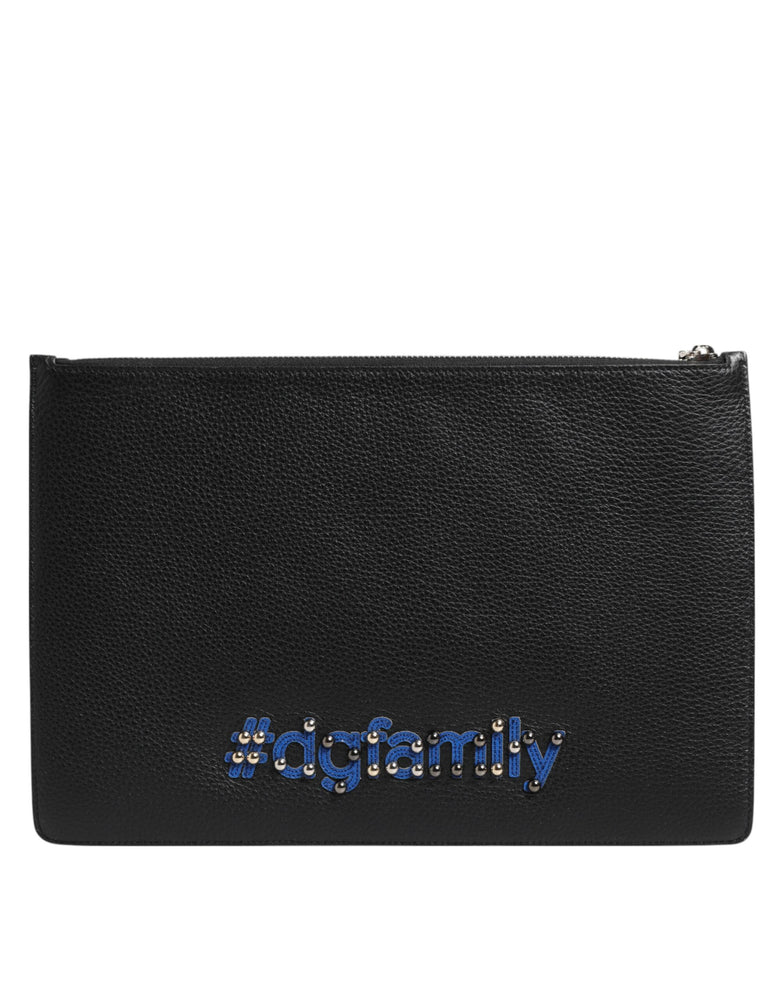 Dolce & Gabbana Black Leather #DGFAMILY Embellished Men Clutch Pouch Bag