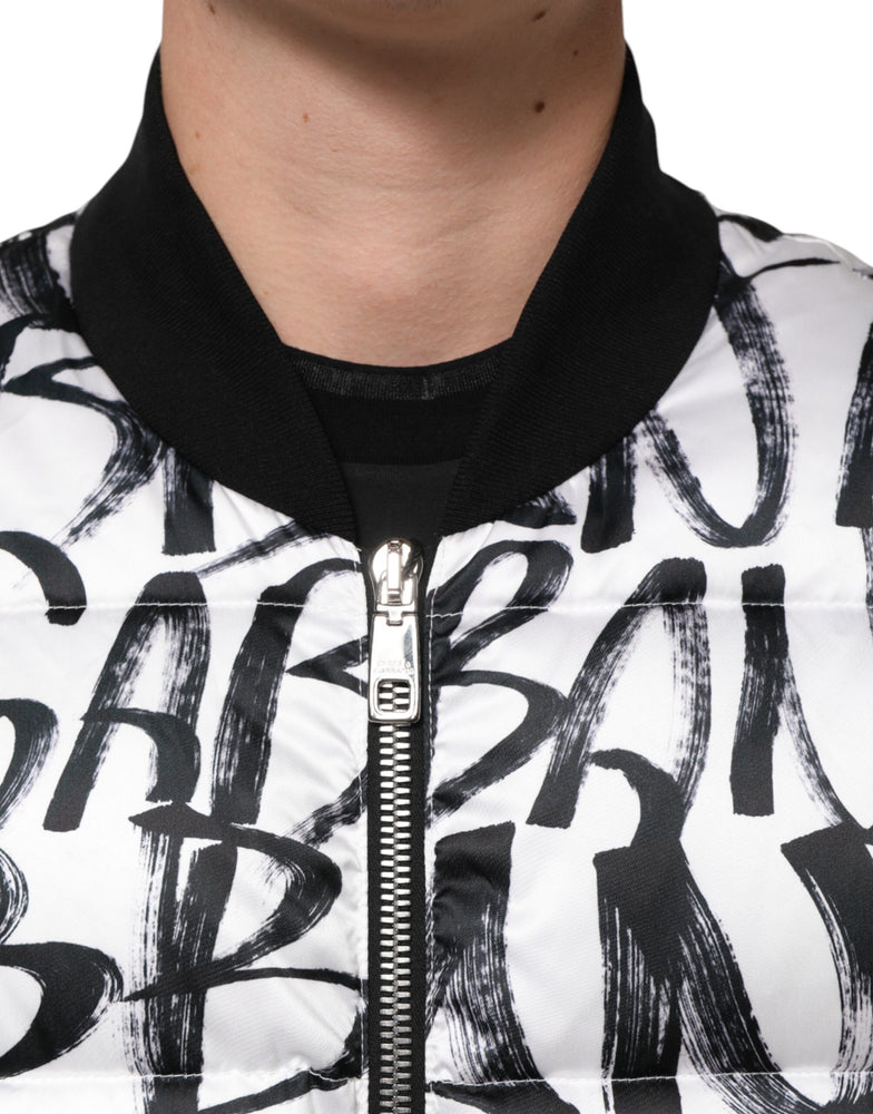 Dolce & Gabbana White Black Graffiti Logo Puffer Bomber Jacket