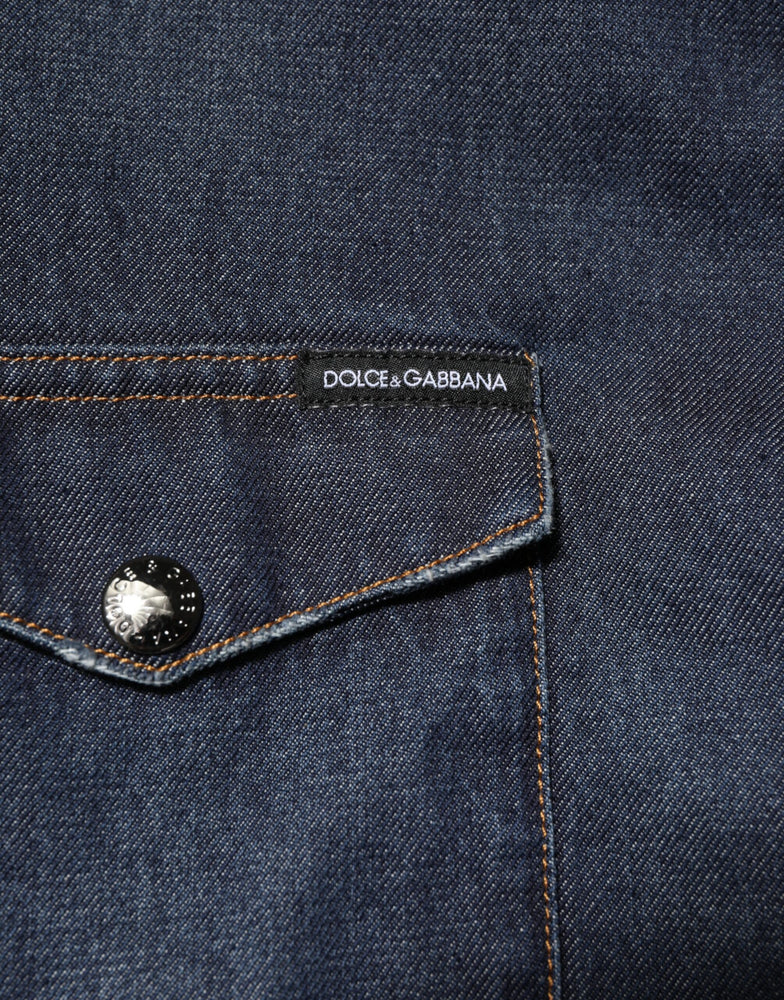 Dolce & Gabbana Blue Denim Button Casual Logo Patch Men Shirt