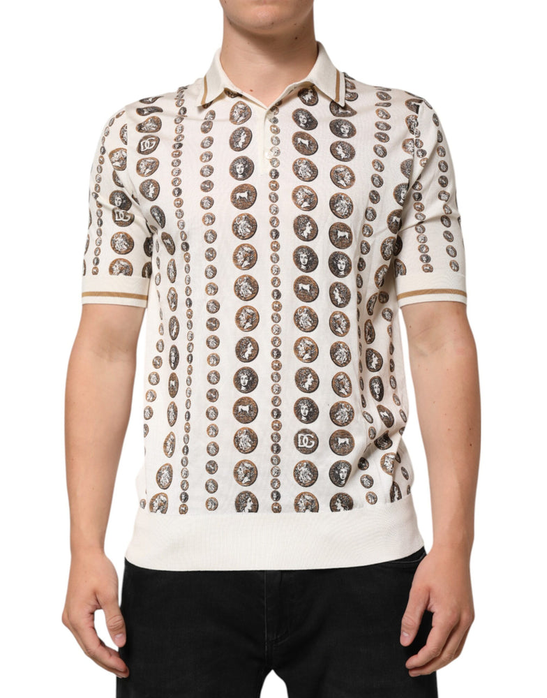 Dolce & Gabbana Silk Ivory Coin Print Logo Men Polo T-shirt