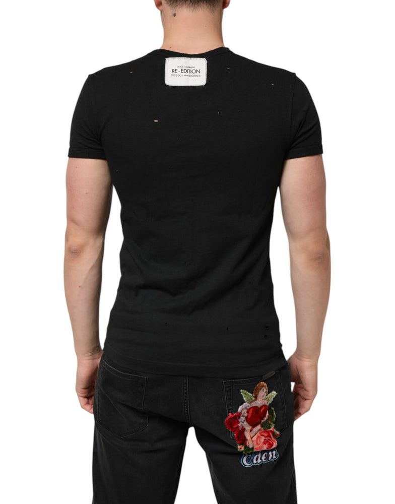 Dolce & Gabbana Black Cotton Tattered Logo V-Neck Men T-shirt