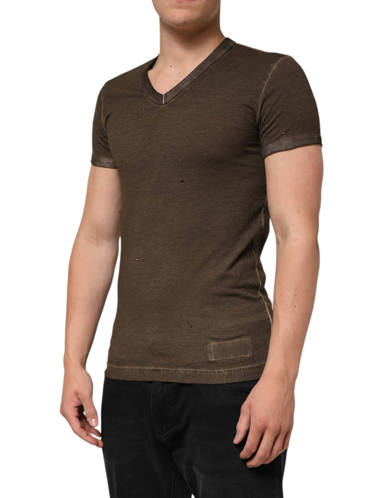 Dolce & Gabbana Dark Brown Cotton Tattered Logo Men T-shirt
