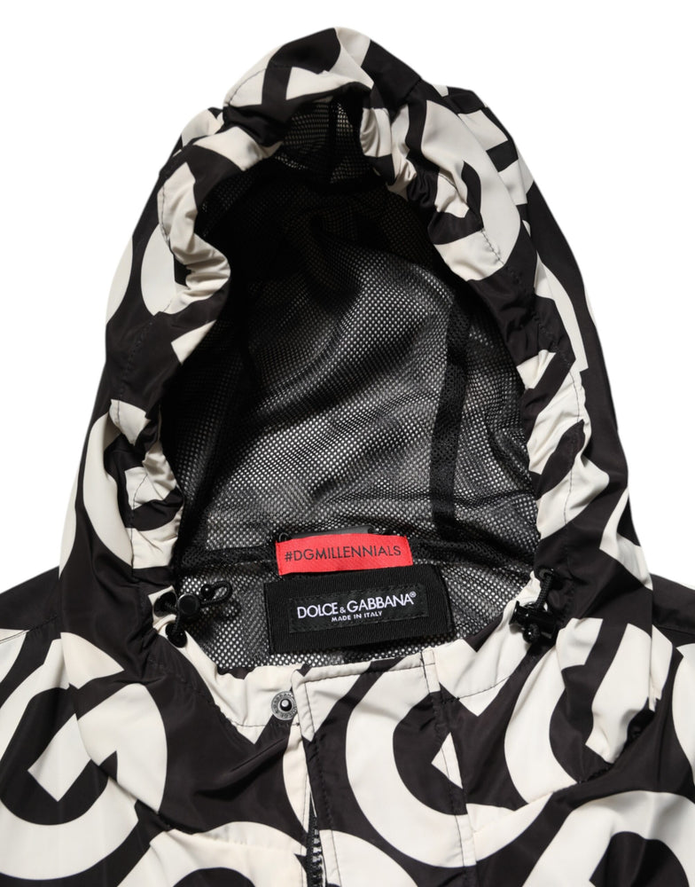 Dolce & Gabbana Black White Logo Print Hooded Coat Men Jacket