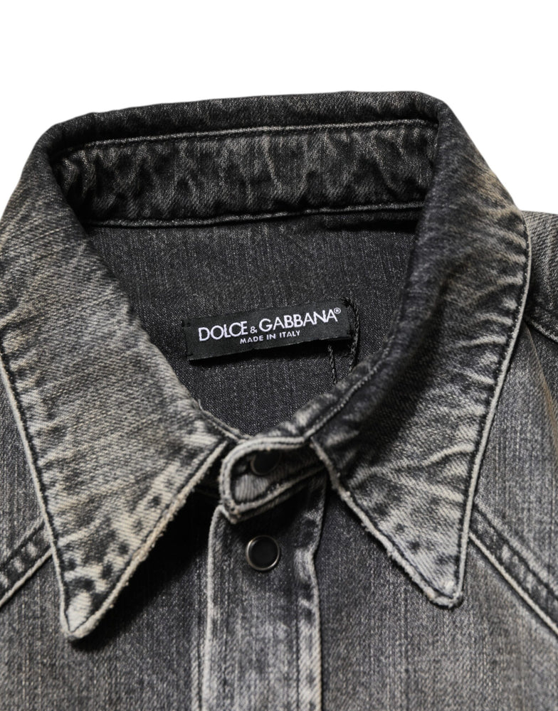 Dolce & Gabbana Black Washed Cotton Snap Long Sleeve Casual Shirt