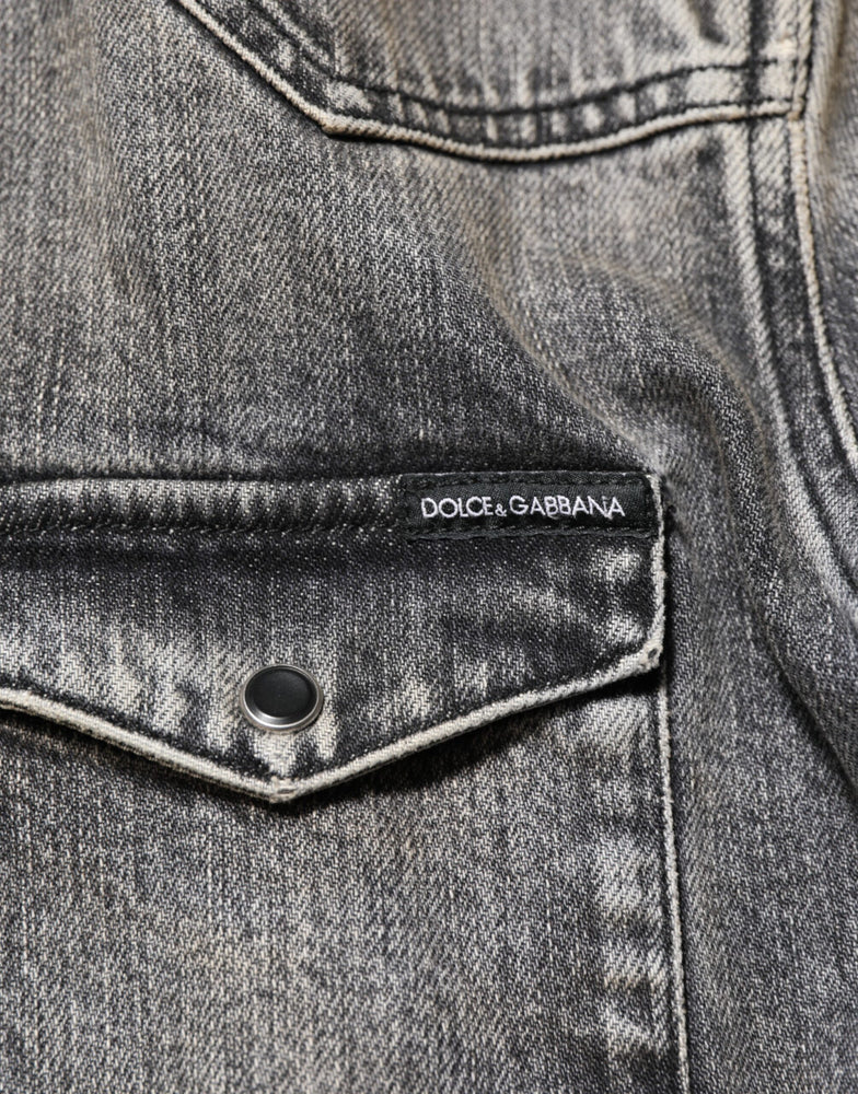 Dolce & Gabbana Black Washed Cotton Snap Long Sleeve Casual Shirt