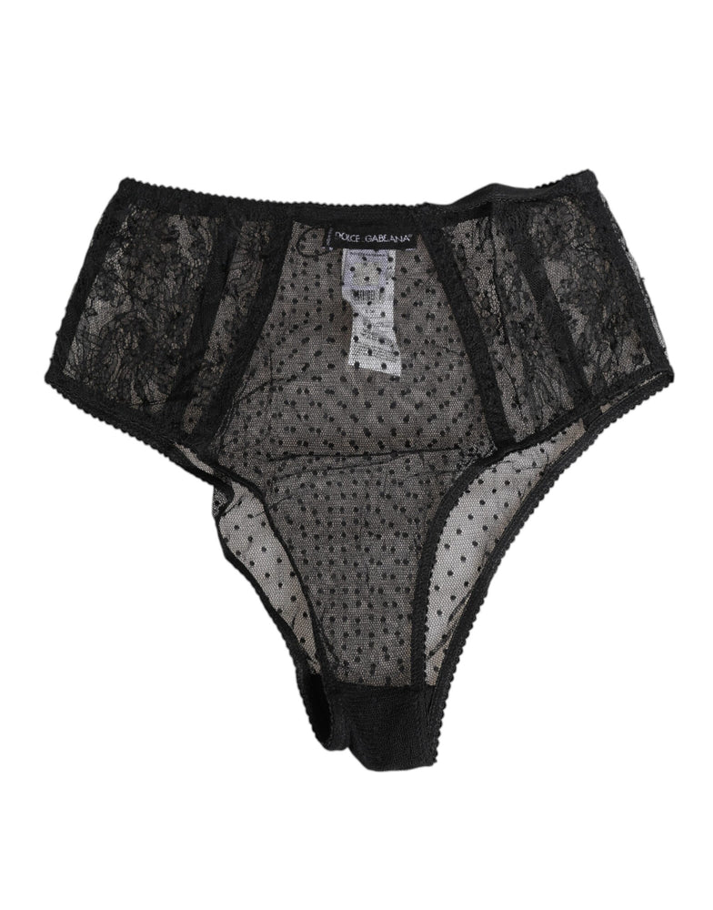 Dolce & Gabbana Black Lace Polka Dot Mesh High Waist Underwear