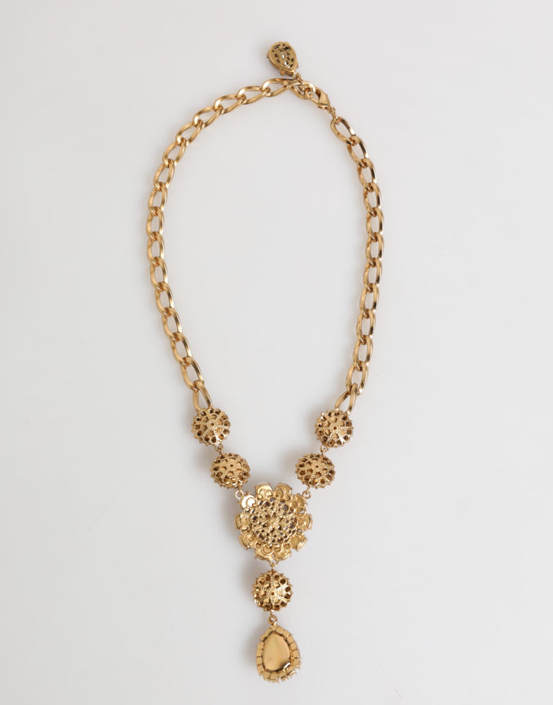 Dolce & Gabbana Gold Brass Crystal Pearl Purple Floral Pendant Jewelry Necklace