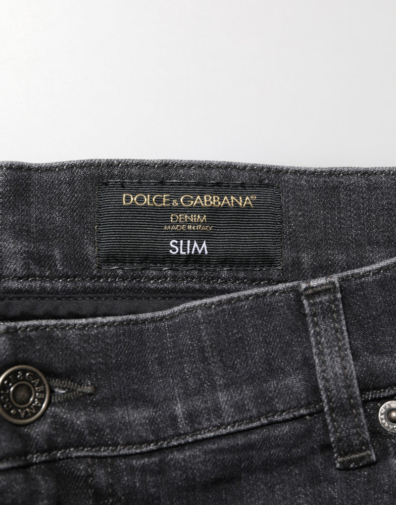 Dolce & Gabbana Black Cotton Slim Fit Distressed Ripped Logo Jeans