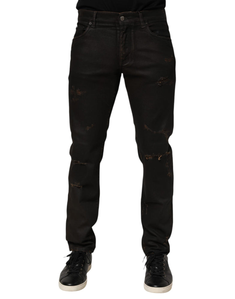 Dolce & Gabbana Dark Brown Tattered Cotton Skinny Denim Jeans