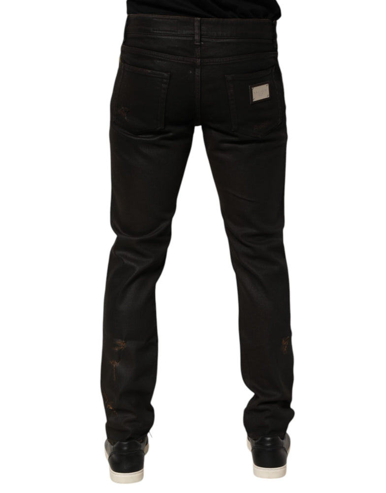 Dolce & Gabbana Dark Brown Tattered Cotton Skinny Denim Jeans