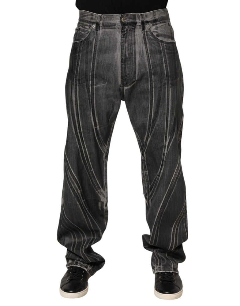 Dolce & Gabbana Black Grey Graphic Print Denim Pants Jeans