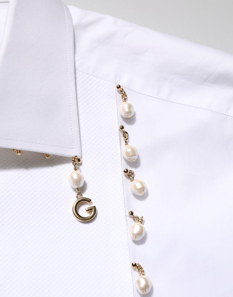 Dolce & Gabbana White Cotton DG Logo Pearl GOLD Formal Shirt