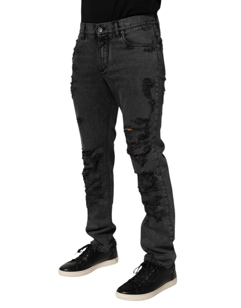 Dolce & Gabbana Black Tattered Skinny Cotton Men Denim Jeans