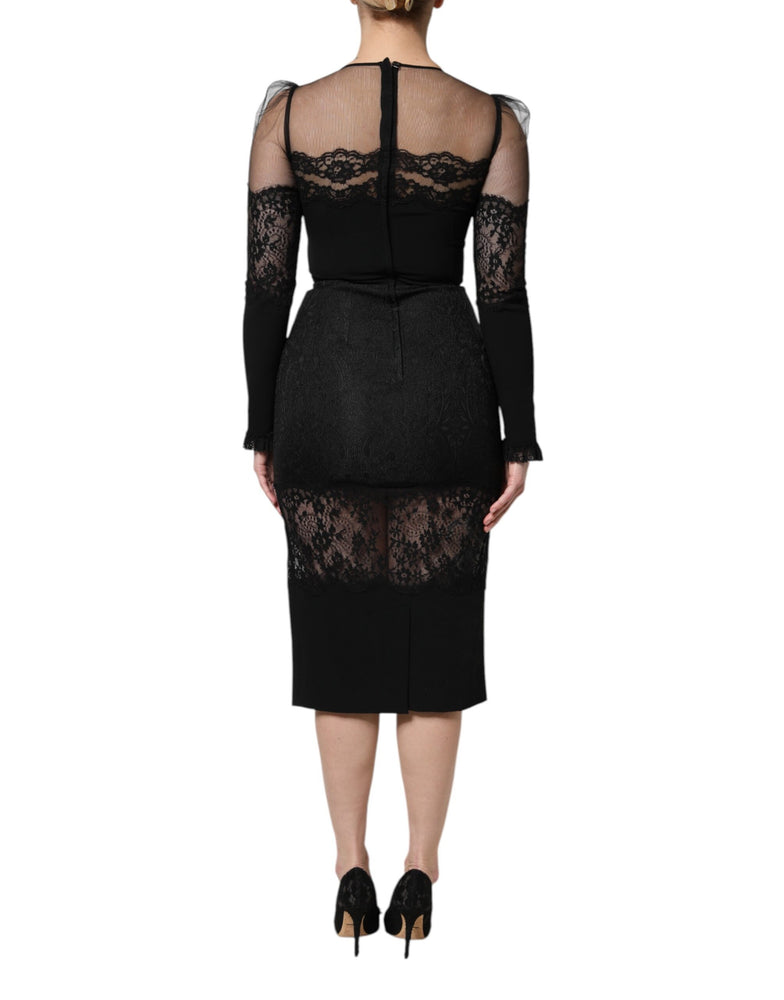 Dolce & Gabbana Black Lace Trim Nylon Tulle SheathMidi Dress
