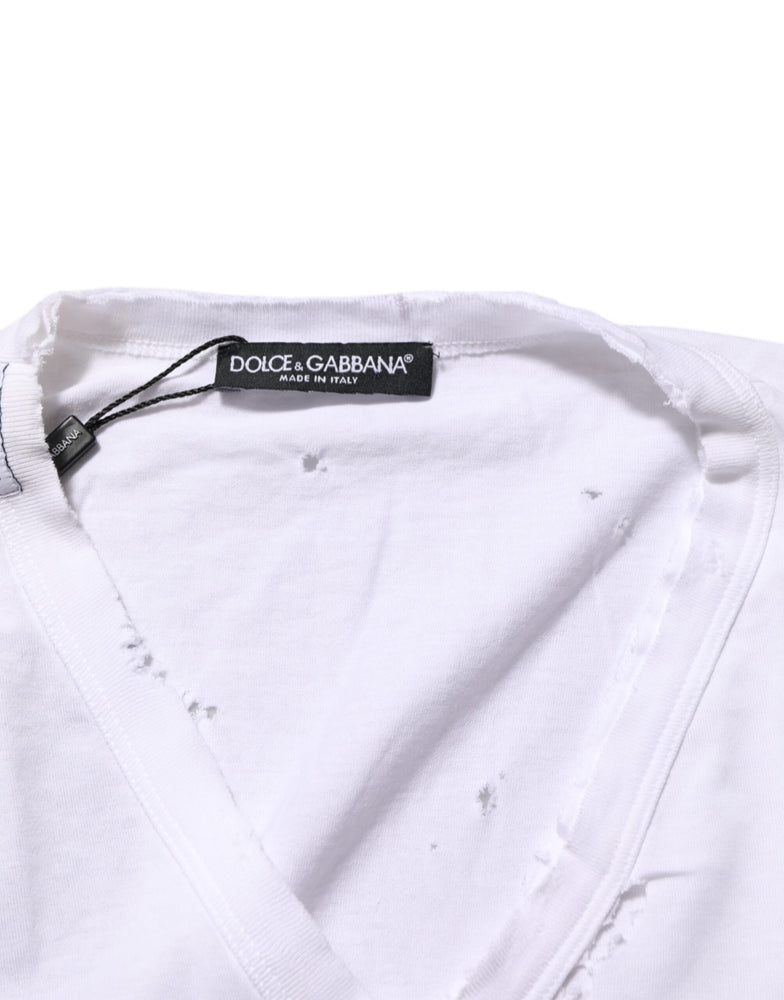 Dolce & Gabbana White Distressed Cotton V Neck Men T-shirt