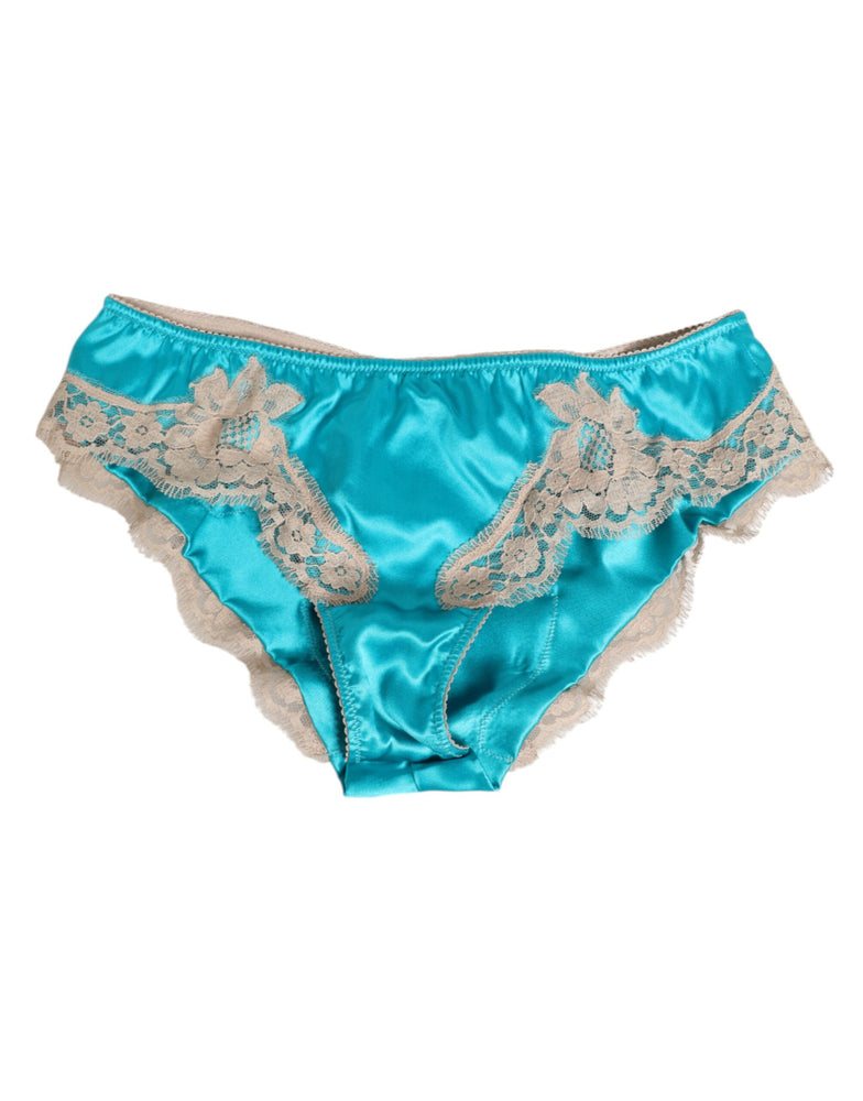 Dolce & Gabbana Blue Silk Satin Floral Lace Trim New Slip Underwear