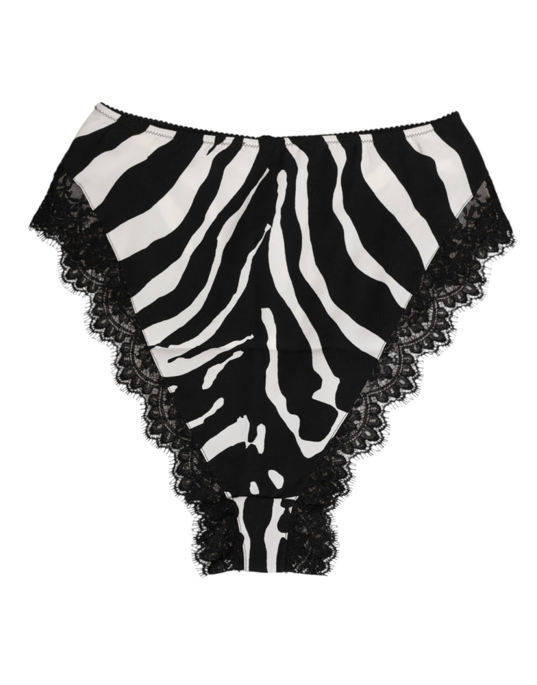 Dolce & Gabbana Black Silk Zebra Print Lace High Waist Underwear