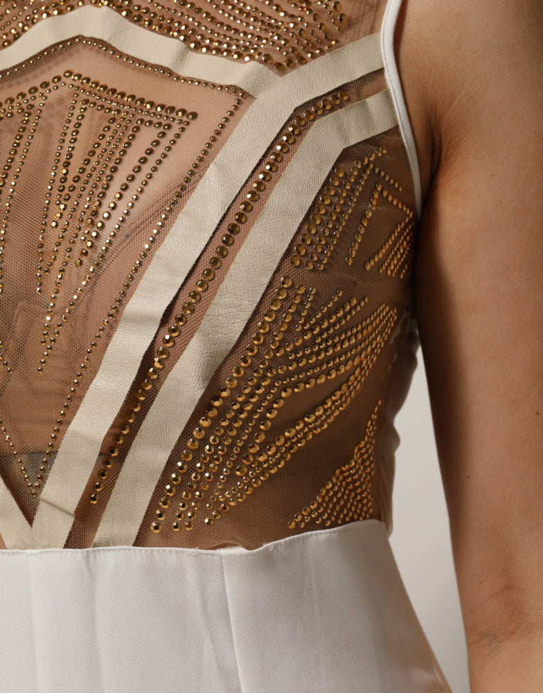 Mangano White Beige Mesh Crystal Embellished Sleeveless Jumpsuit