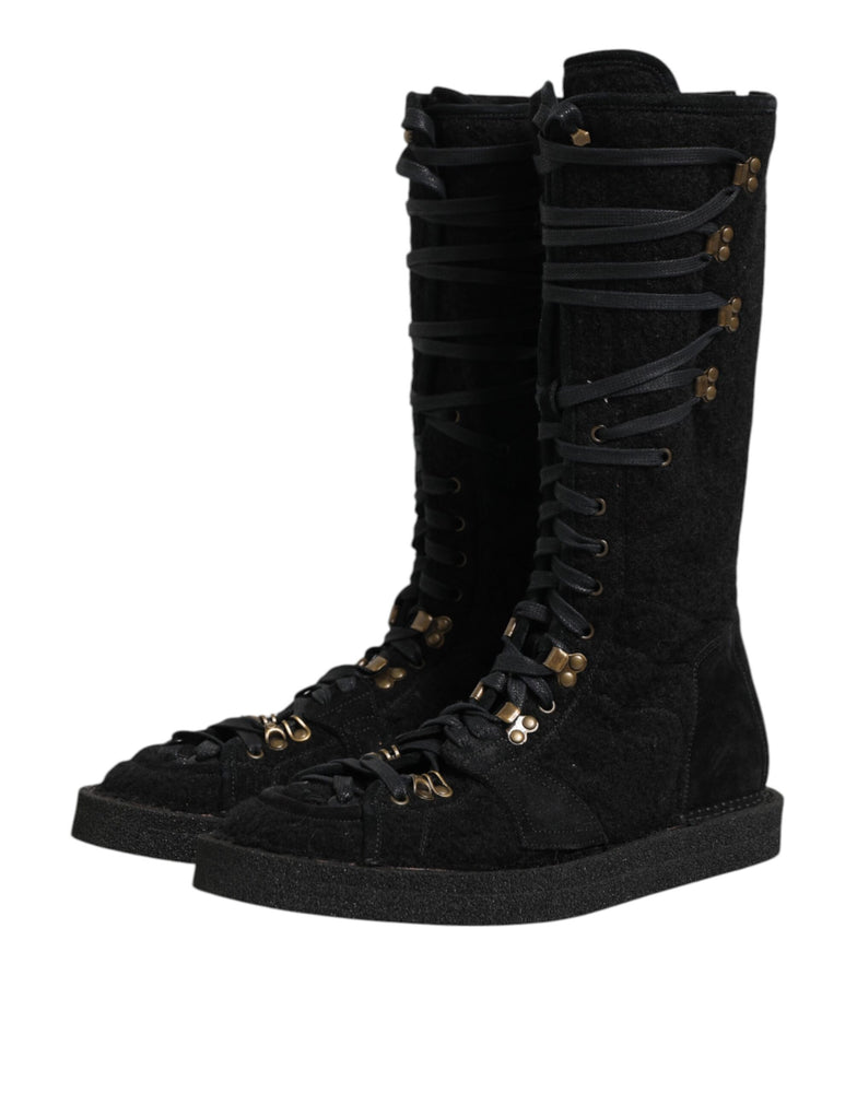 Dolce & Gabbana Black Alpaca Wool Suede Mid Calf Boots Shoes