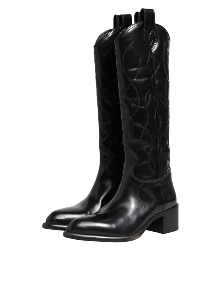 Dolce & Gabbana Black Leather Over The Calf Biker Boots Shoes