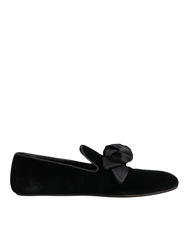 Dolce & Gabbana Black Suede Cotton Rose Slip On Loafers Shoes