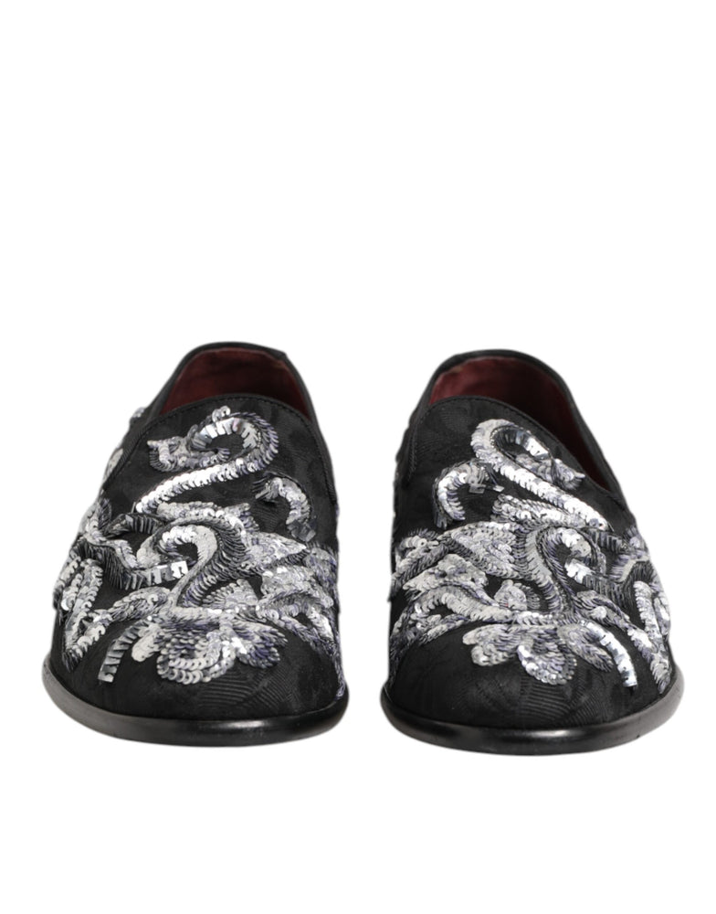 Dolce & Gabbana Black Silver Sequined Loafers Men Dress Shoes