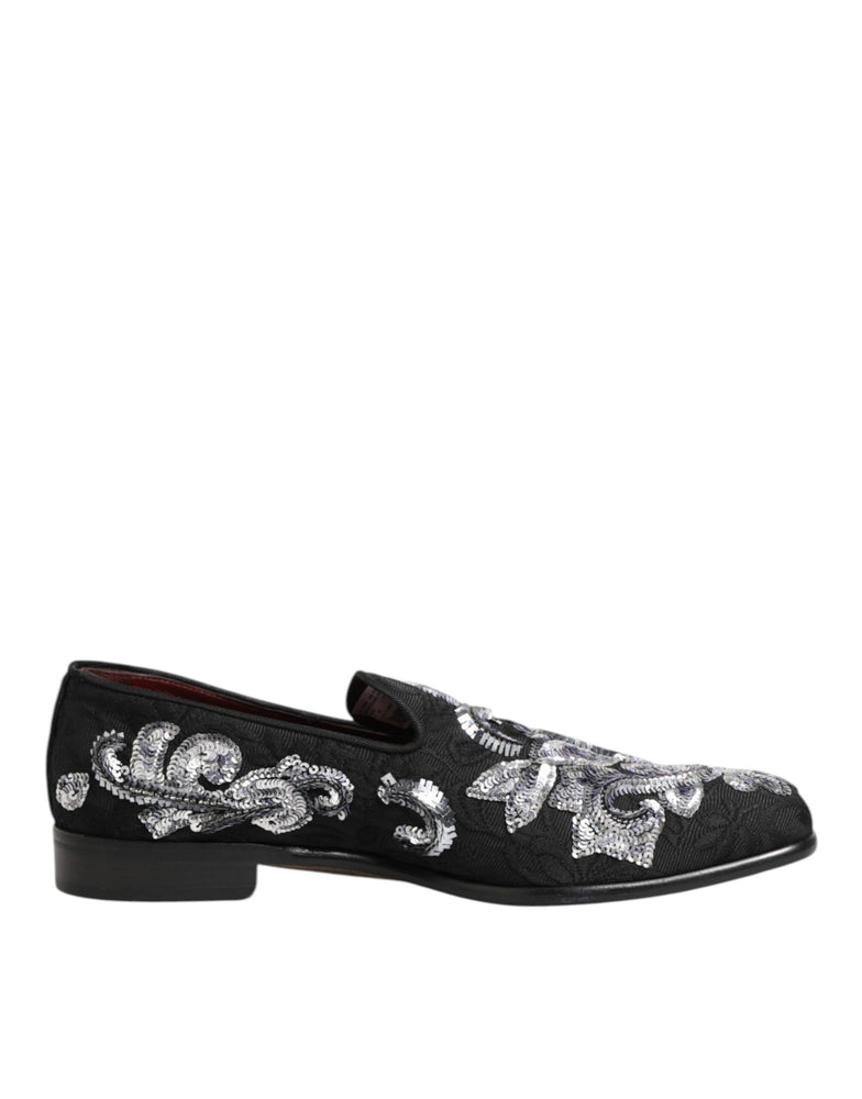 Dolce & Gabbana Black Silver Sequined Loafers Men Dress Shoes