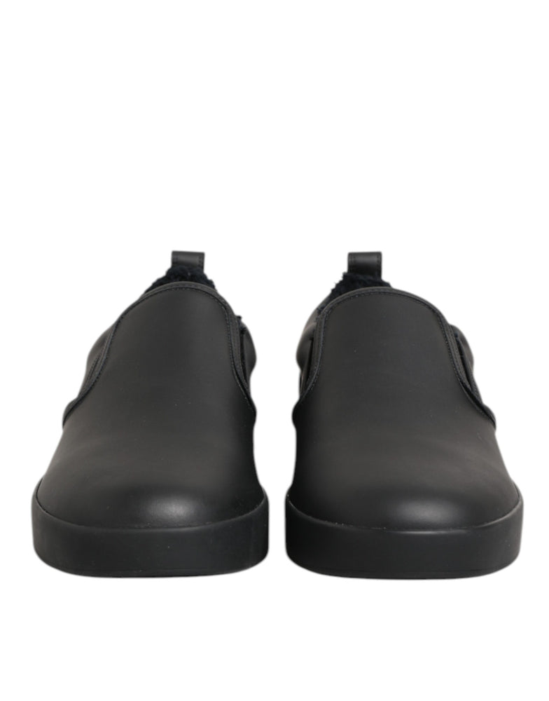 Dolce & Gabbana Black Leather Low Top Slip On Sneakers Shoes