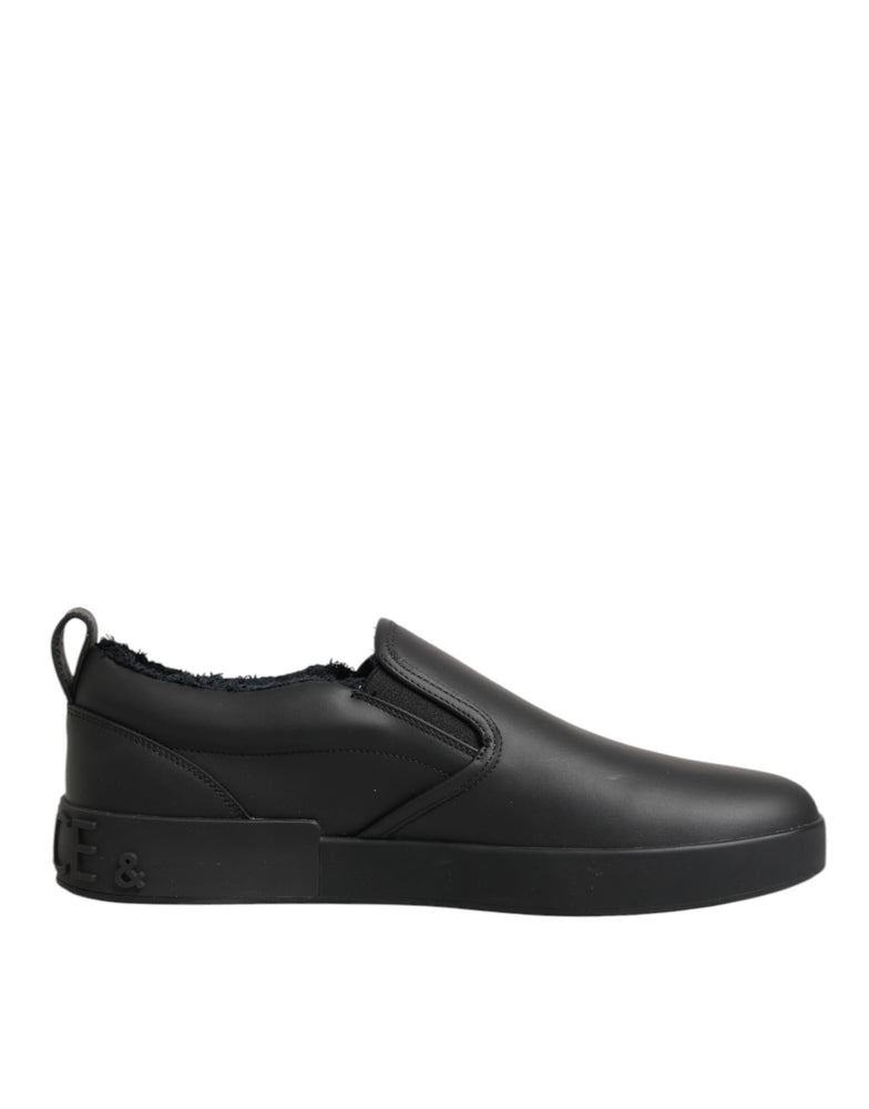 Dolce & Gabbana Black Leather Low Top Slip On Sneakers Shoes