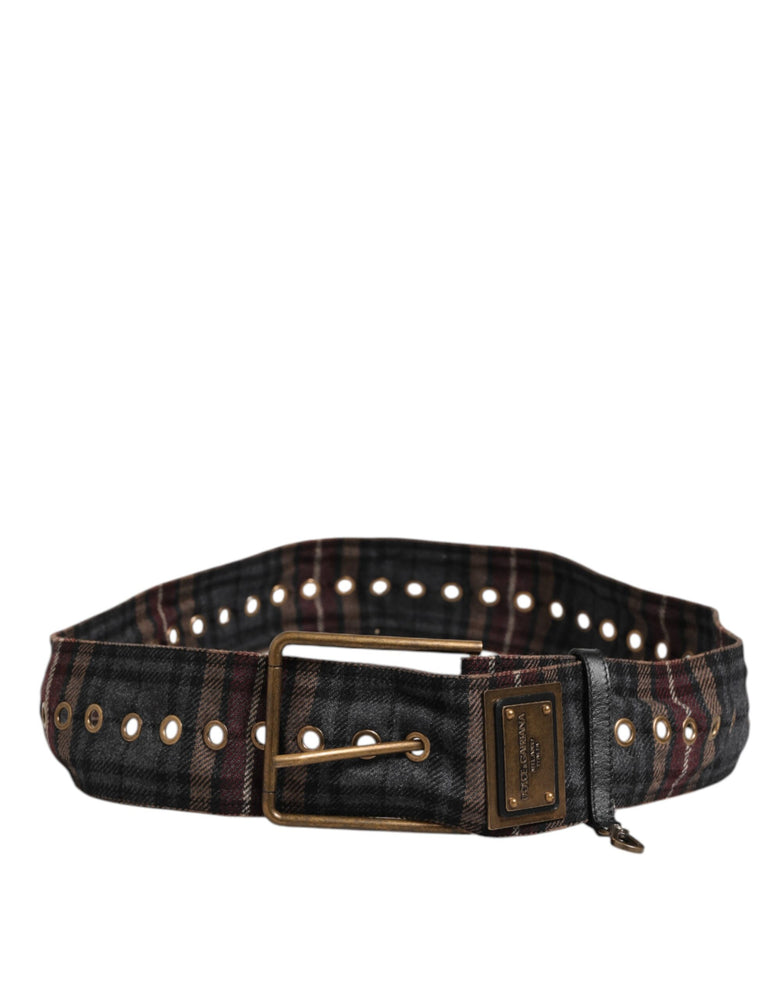 Dolce & Gabbana Plaid Fabric Logo Plate Brass Buckle Belt