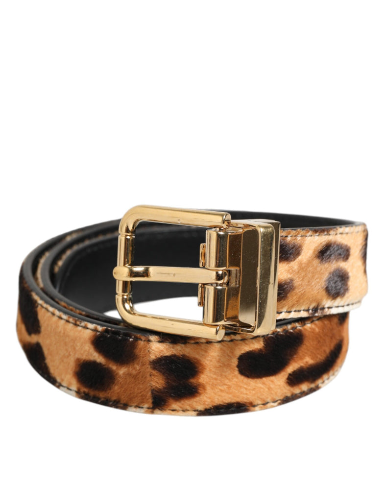 Dolce & Gabbana Brown Leather Leopard Print Metal Buckle Belt