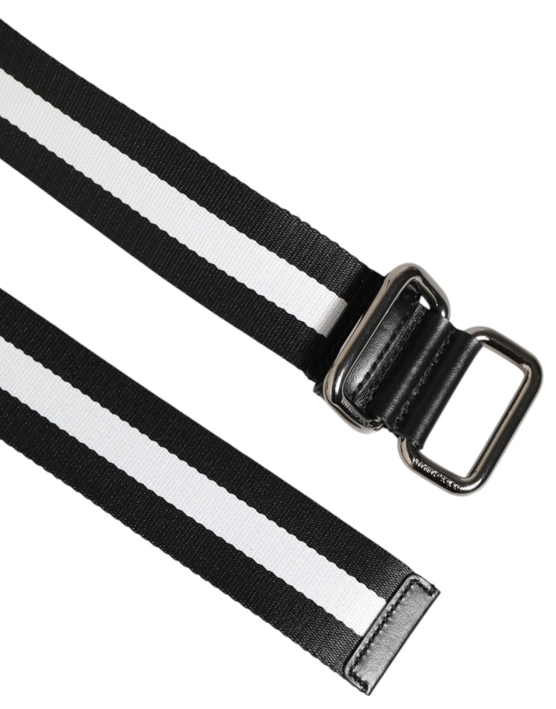 Dolce & Gabbana Black White Striped Logo Metal Buckle Belt