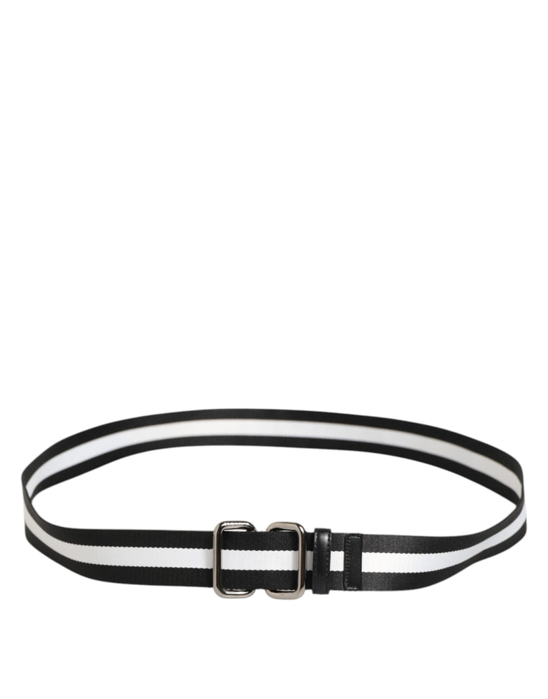 Dolce & Gabbana Black White Striped Logo Metal Buckle Belt