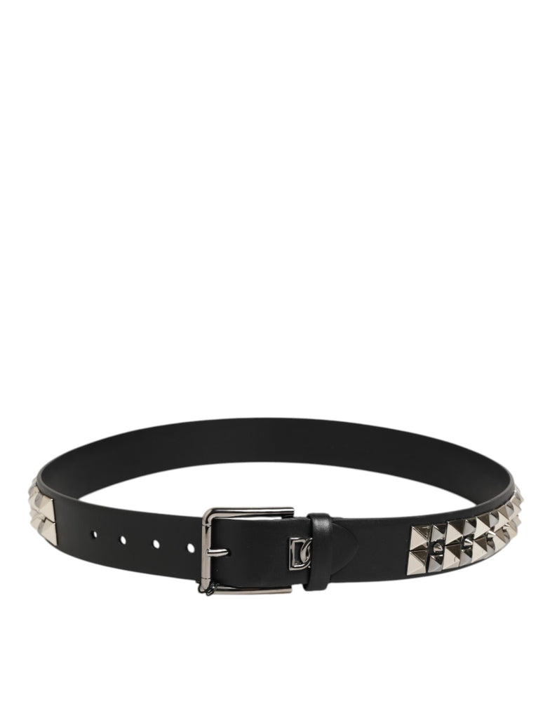 Dolce & Gabbana Black Calf Leather Studded Silver Buckle Belt