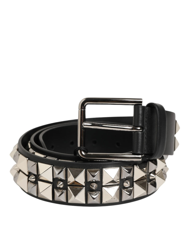 Dolce & Gabbana Black Calf Leather Studded Silver Buckle Belt