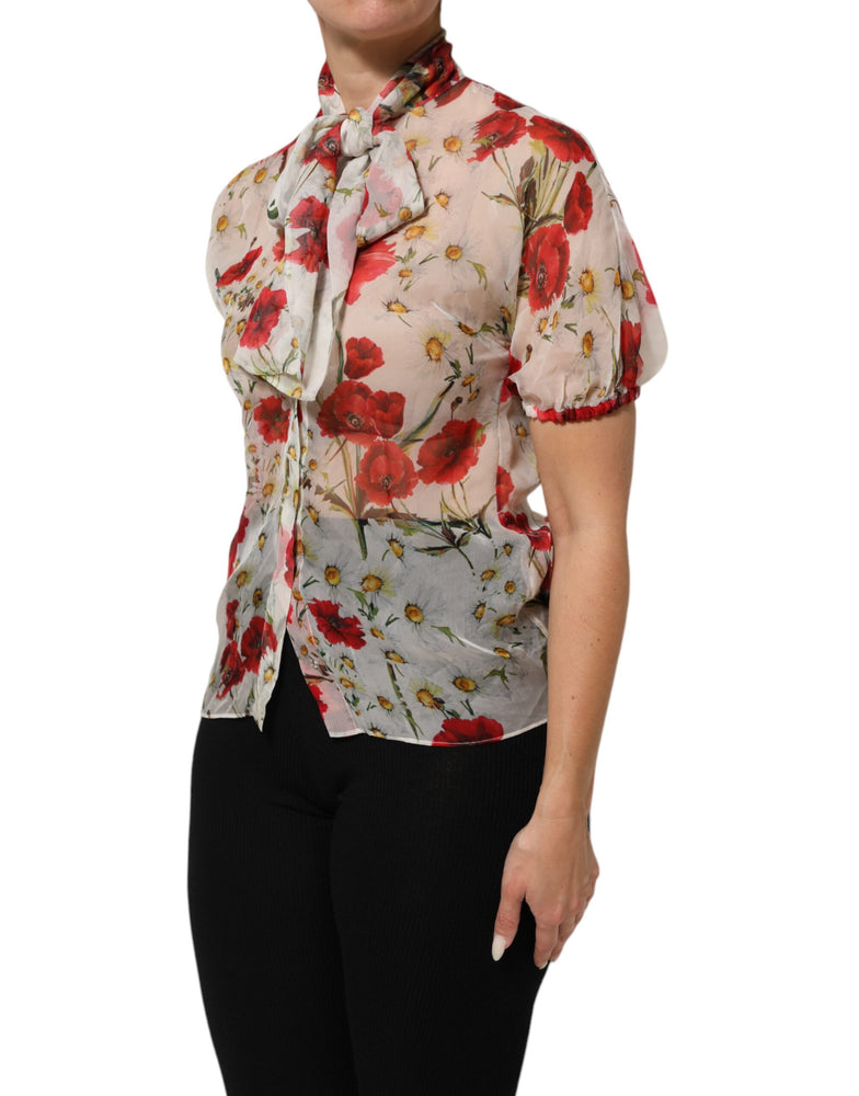 Dolce & Gabbana White Floral Tie-Neck Poppy Print Blouse Top