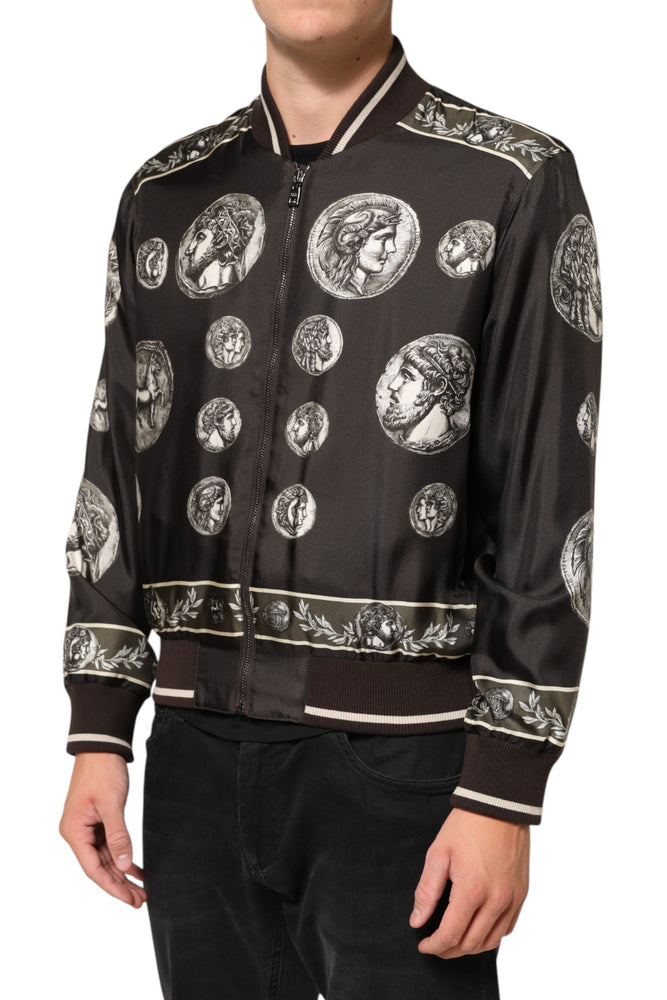 Dolce & Gabbana Black "Monete" Coin Print Silk Bomber Jacket